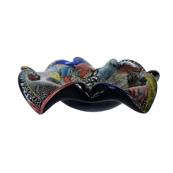 Vtg Avem Murano Glass Bowl Rolled Edges Silver Detail Black Multicolor Ashtray